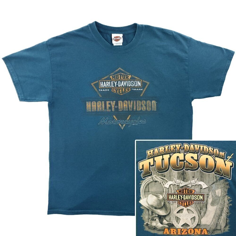 Harley Davidson Tucson Arizona T-Shirt Distressed Cowboy Graphic Motorcycles Lg.